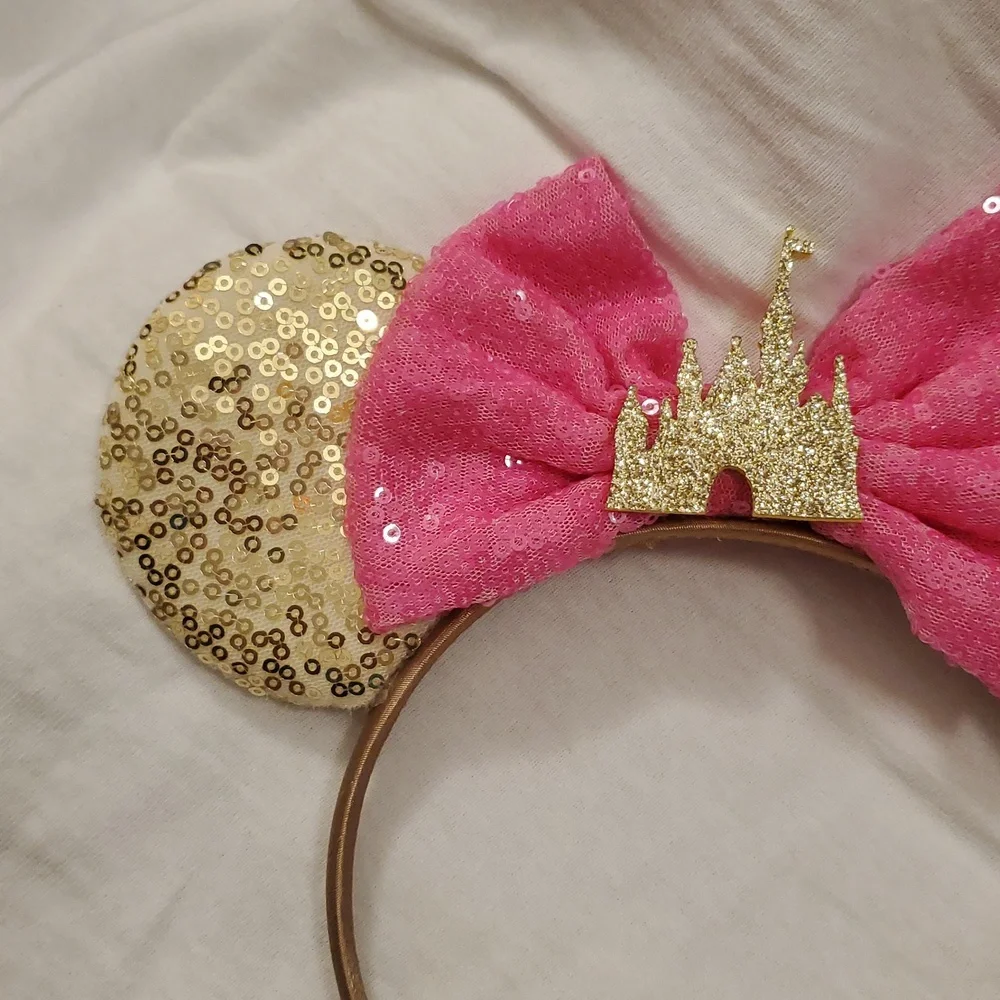 Pink and Gold Sequins Minnie Mouse Ears Headband